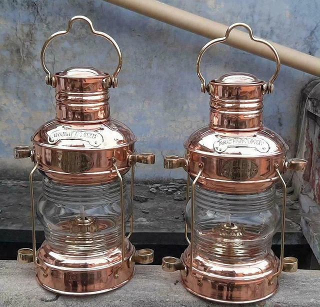 2 Stück Kupfer Messing Anker Öllampe Nautik Maritime Schiff Laterne Boot Antik