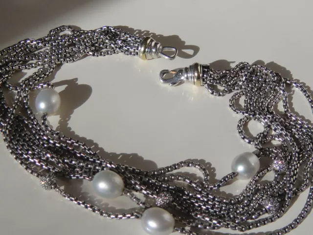 David Yurman 18K Gold , Silver Multi Box Chain Pearl Diamond Ball Necklace