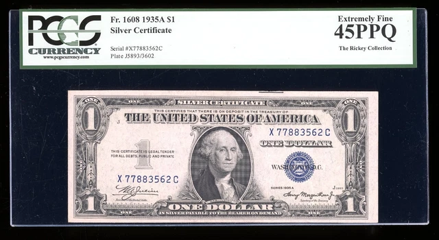 DBR 1935-A $1 Silver Fr. 1608 XC Block PCGS 45 PPQ Serial X77883562C