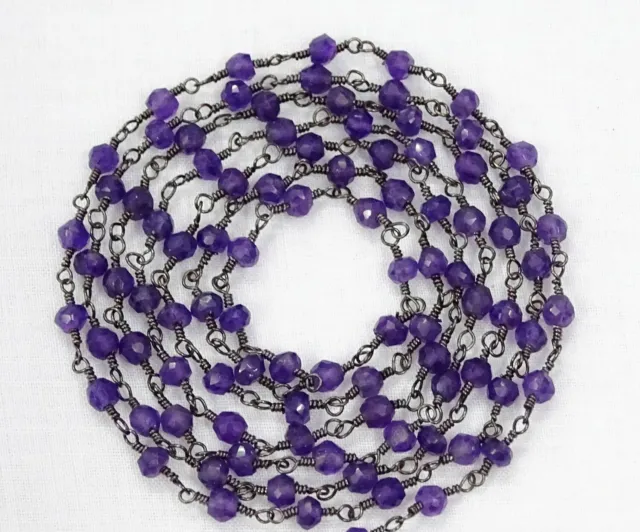 3 Feet Natural Amethyst Rondelle Faceted 3-4mm Beads, Rosary Chain Black Wire