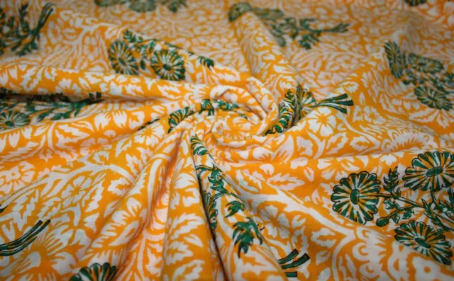 Indien Jaune Floral Main Bloc Imprimé Neuf Tissu 100% Coton 9.1m Artisanat