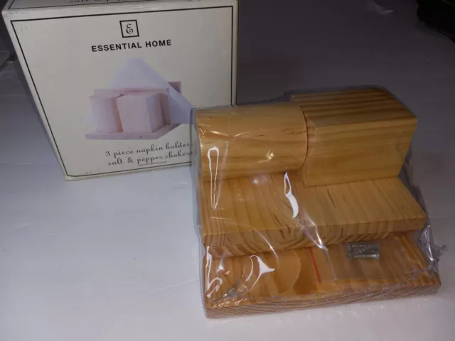 Essential Home Wooden 3pc Set - Napkin Holder & Salt & Pepper Shakers - NEW!