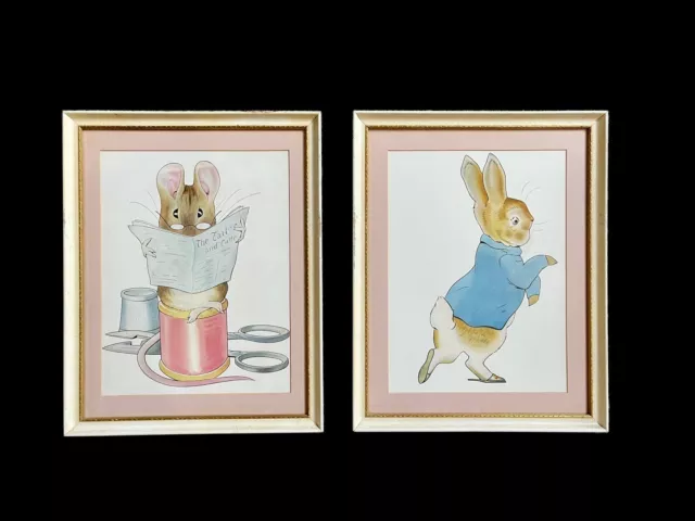 Vintage Set Of 2 Peter Rabbit Wood Framed Prints Pictures Nursery 19.5x15.5