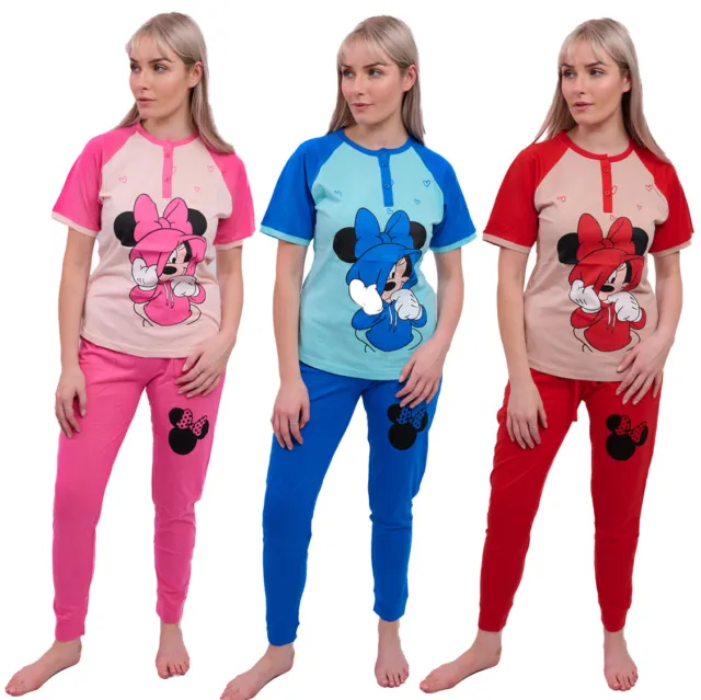 Womens Ladies Pyjamas PJ Top Bottom Set Loungewear Cotton Minnie Mouse Size 6-22