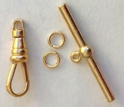 1 set GOLD tone Pocket watch chain Swivel Clip & T- bar Toggle clasp 1.5" Repair