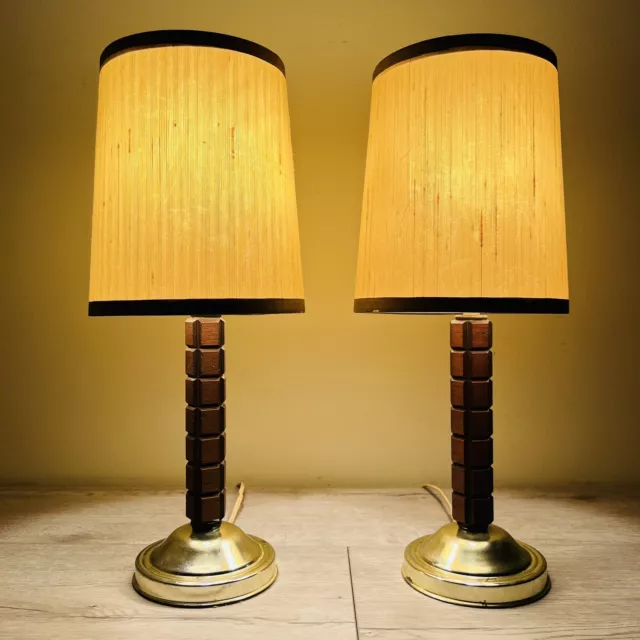 2 Vintage MCM Matching Danish Wood Bedside Table Lamp Pair w/ Shades