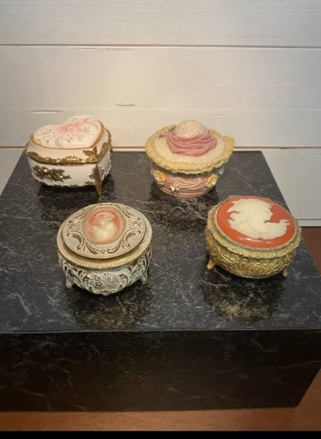 Trinket Boxes Porcelain Hinged - Lot of 4 Various - Vintage White and Pink