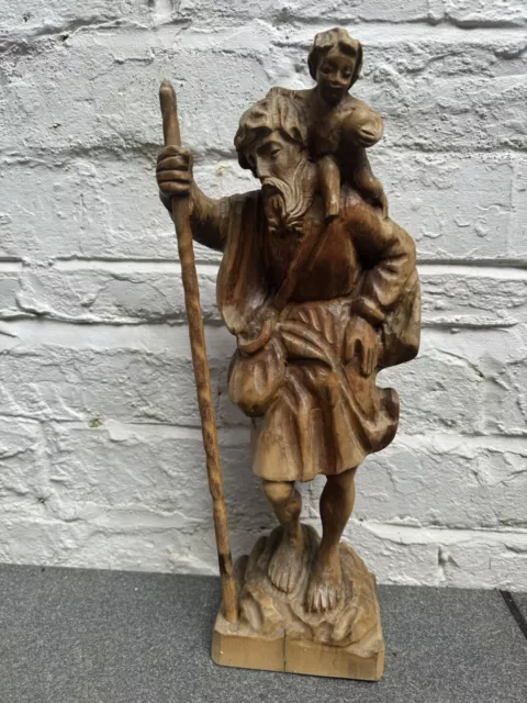 Vintage Christian Hand Carved Wooden St. Christopher Religious Statue. 17" High