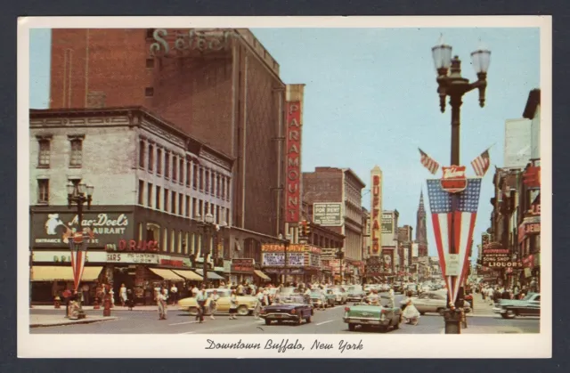 BUFFALO NY-New York 1960s Downtown Cars, Stores Signs, Flags Old Chrome Postcard