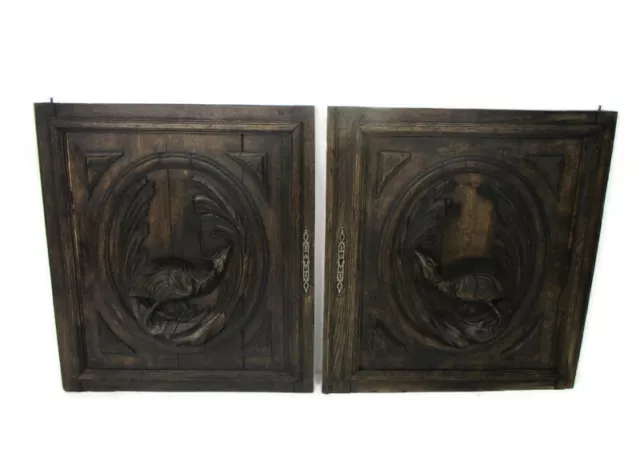 Pair Antique Hand Carved Oak Pheasants  Door Panels Reclaimed Architectural