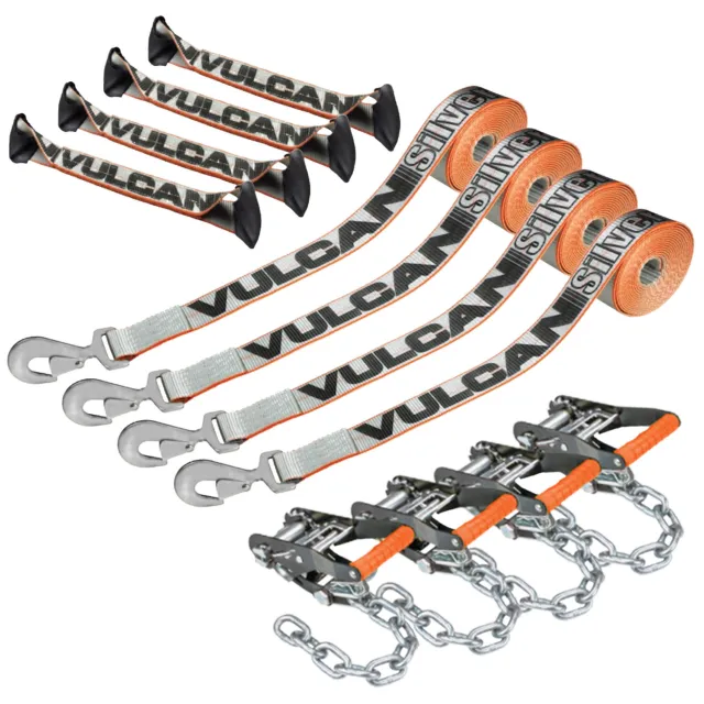 8-Point Roll Back Car Tiedown Kit, Snap Hook & Chain Tail 4 Pack Silver Series