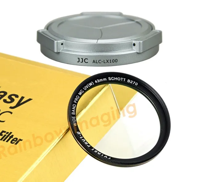 Silver JJC Auto Lens Cap & 43mm Nano MCUV Filter Panasonic DMC LX100 LX100II
