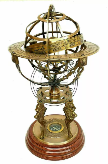 18" Nautical Brass Sphere Engraved Armillary Antique Vintage Globe With