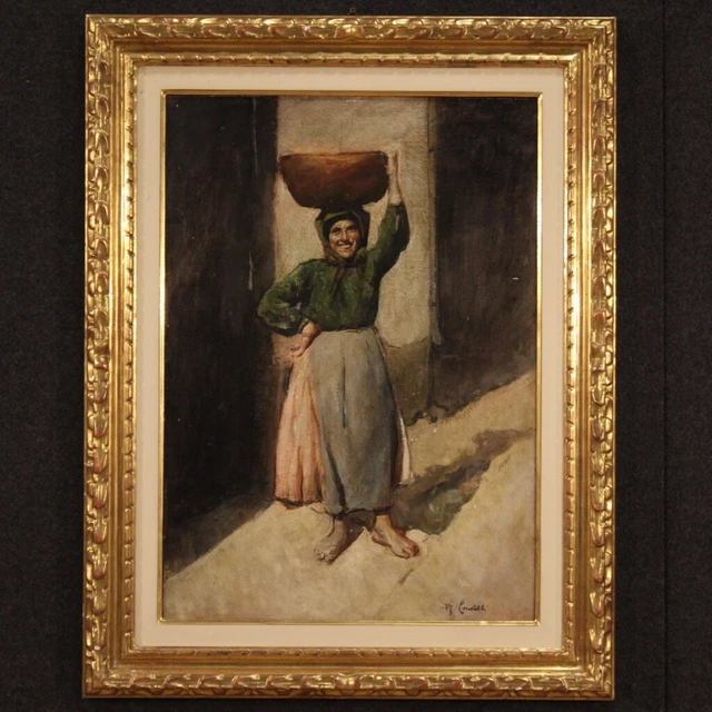 Pintura firmada mujer nina personaje siglo XX 900 cuadro oleo sobre tabla