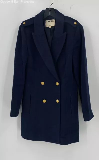 L'Agence Womens Blue Wool Blend Long Sleeve Double Breasted Overcoat Size 6