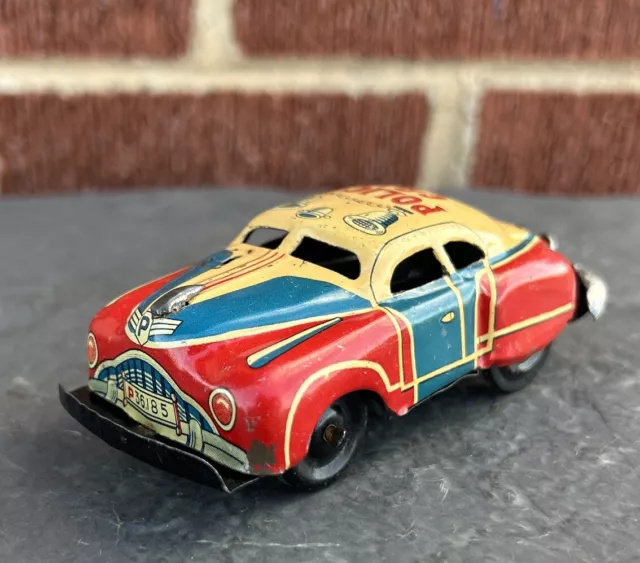 Vintage 1950'S  Tin Litho Friction Police Car Nice Colors 4 Inches Long