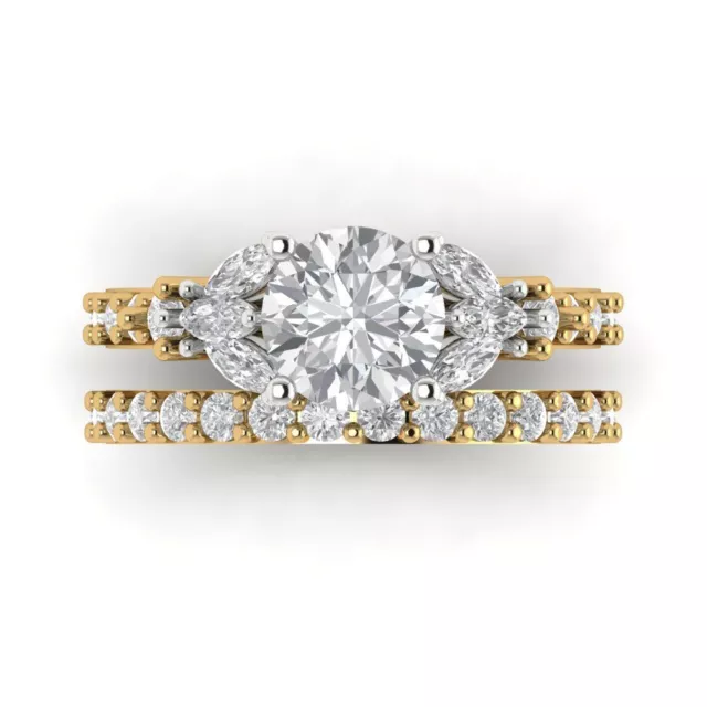 2.72 Rd Marquise 3 stone Moissanite Wedding Statement Bridal set 14k 2 tone Gold