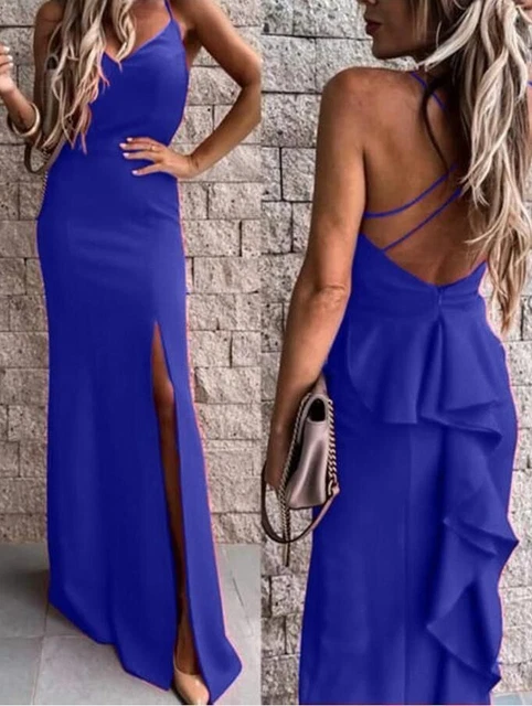 Abito da donna elegante blu da cerimonia lungo vestito con spacco laterale
