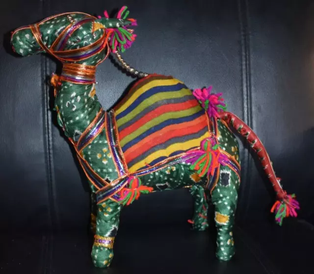 Vintage Rajasthani Folk Art Handmade Camels Multi Fabrics Ornaments 11" tall WOW