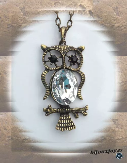 Pendentif Style Vintage Hibou_Chouette Cabochon Facetté Crystal Yeux Strass Noir