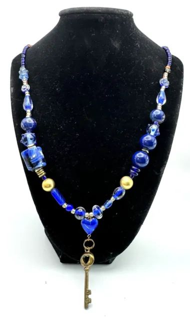 VTG Venetian Murano Cobalt Blue Art Glass Lamp Work Beaded Necklace Brass Key