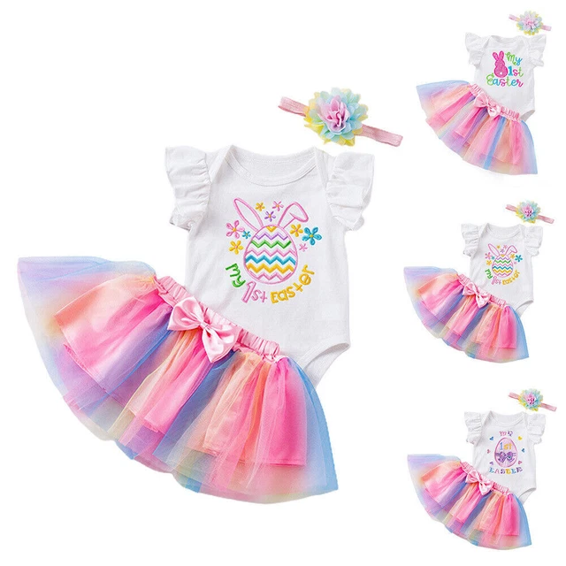 3 PCS Baby Girls MY First Easter Outfit Dress Set Tutu Skirt Romper Headband