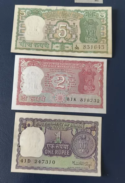 Uncirculated Indian authentic old 3 deer(rare) 5 rs and 2/1 Rupee  3 notes lot