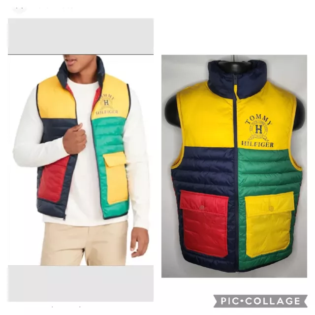 Mens Tommy Hilfiger Color Block Puffer Vest Snap Pockets Full Zip Small