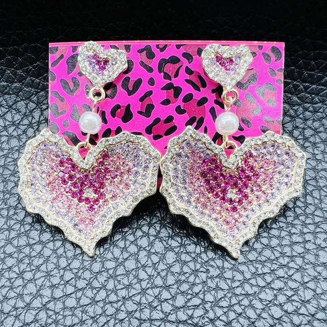 Betsey Johnson Pink Crystal Rhinestone Pearl Double Heart Drop Dangle Earrings