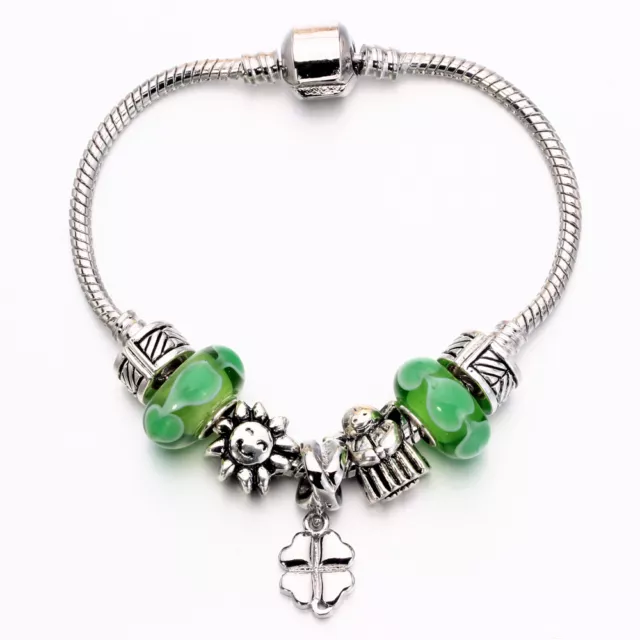 WOW Silver Lucky Clover Leaf Sunshine Green Murano Beads European Charm Bracelet