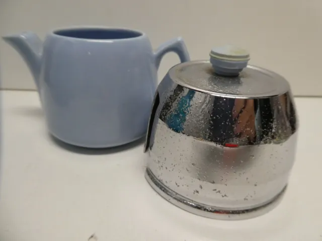 Art Deco Blue Pottery Heatmaster Pottery Milk Jug Chrome Metal Cover- Teapot Set 3