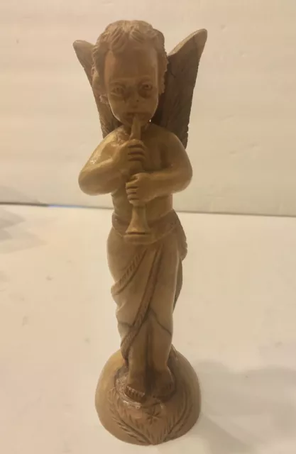 Vintage Carved Wooden Myrtlewood Cherub Angel Figurine Statue Playing Horn