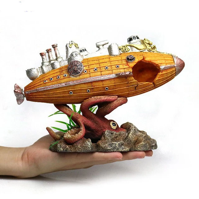 Aquarium Fish Tank Decoration Airship Warship Octopus Ornaments Resin Articraft