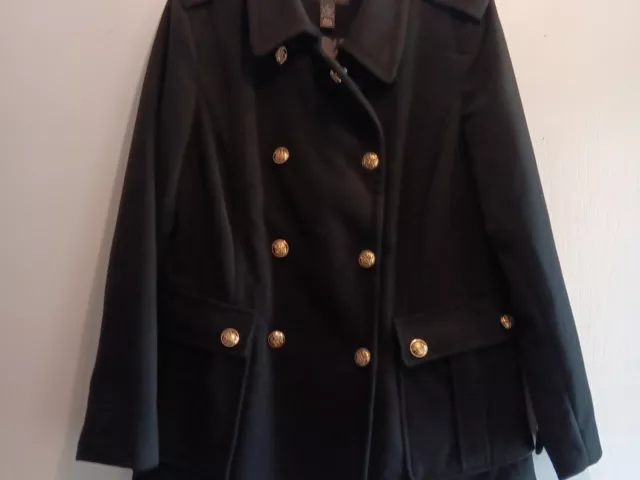 Style & Co. Women's Size L Black Poly Blend Lined Double Breasted Pea Coat Brass