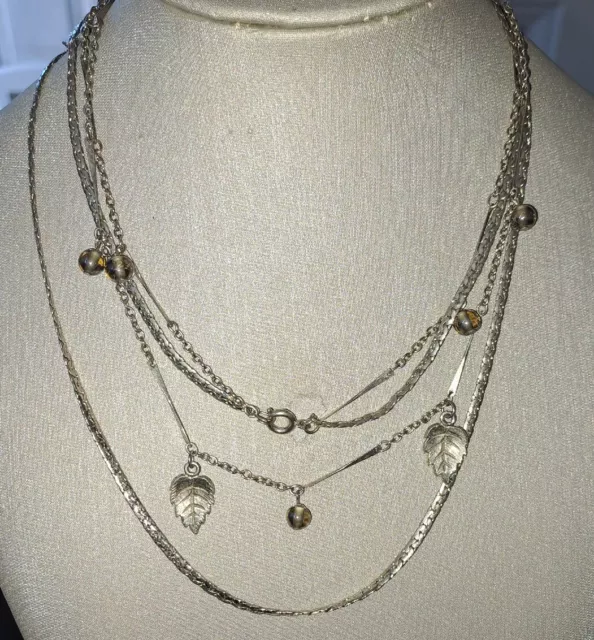 VINTAGE Long Double Snake Chain/Leaf And Ball Charm Necklace Silver Tone Lovely