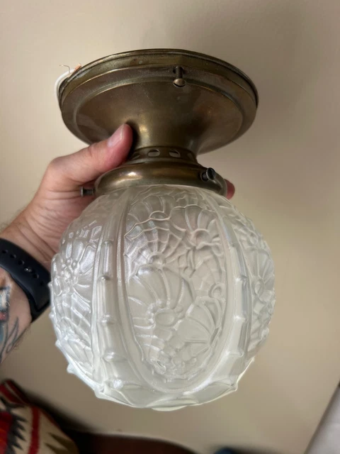 Art Deco Frosted Glass Globe Shade Ceiling Fixture,  semi-flush