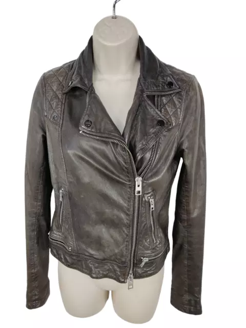 Womens Allsaints Conroy Size Uk 6 Dark Brown Leather Zip Up Biker Jacket Coat