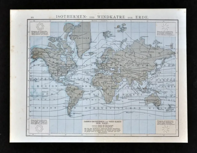 1881 Andrees World Map Isotherms Wind Climate America Australia Asia Europe