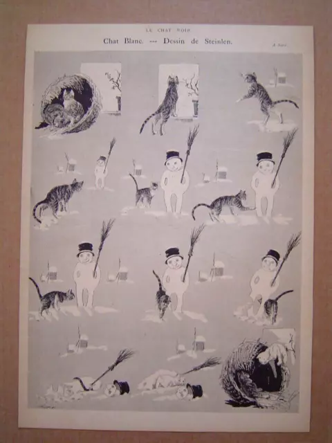 PLANCHE ancienne 1900 : LE CHAT NOIR - STEINLEN / CHAT BLANC / BONHOMME DE NEIGE