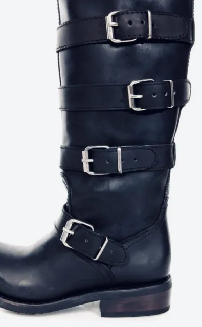$244 Zigi Girl TACKLE Black Leather Belted Over-The-Knee Biker Moto Boots Size 6