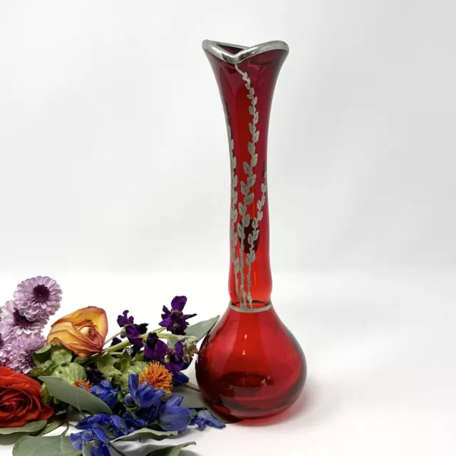 Viking Glass Ruby Red Vase Stretch Swung STERLING Overlay Vintage 10.25" H