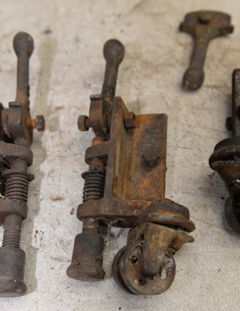 4 antique safe or machine roller wheel & lock down cast iron collectible lot M13 9