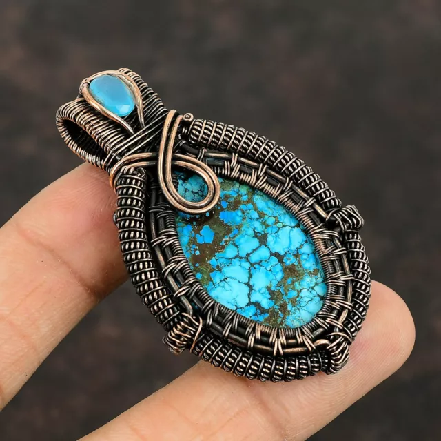 Tibetan Turquoise Jewelry Copper Birthday Gift Wire Wrapped Pendant 2.4"
