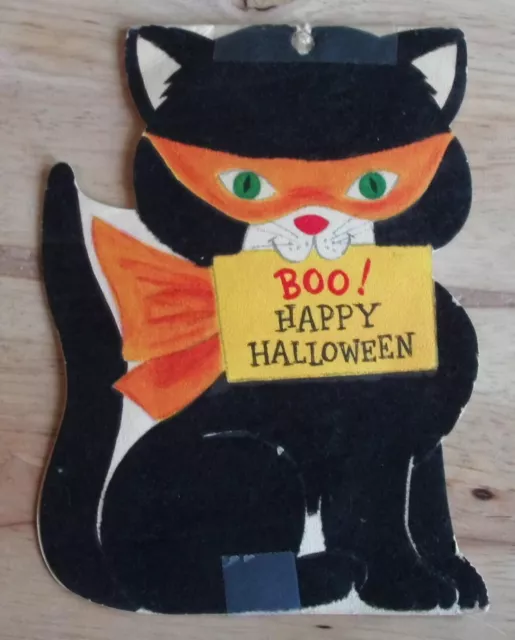 Vtg Hallmark Halloween Greeting Card Diecut Flocked Black Kitten Cat Standup 50s