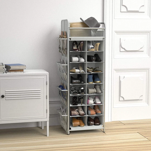 Space-Saving 20-Pair Shoe Stand Tower Rack w/Side Hanging Bag - Grey Organizer