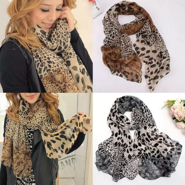 Women Ladies Leopard Print Soft Chiffon Shawl Neck Wrap Scarf Long Scaf X9❀