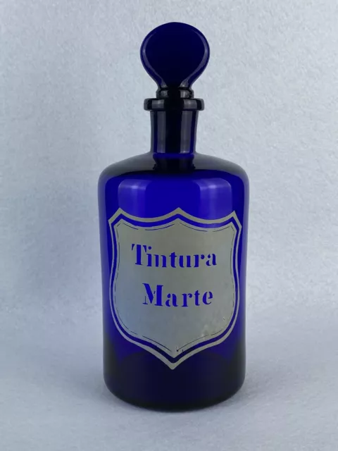 "Tintura Marte" Antico vaso da farmacia contenitore in vetro blu fine XIX sec.