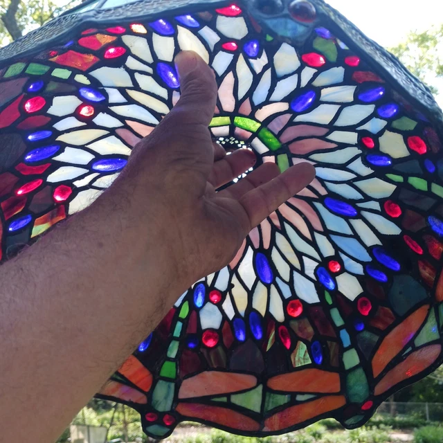 Vintage Leaded Stained Slag Glass Dragonfly Lamp Shade Blues Green