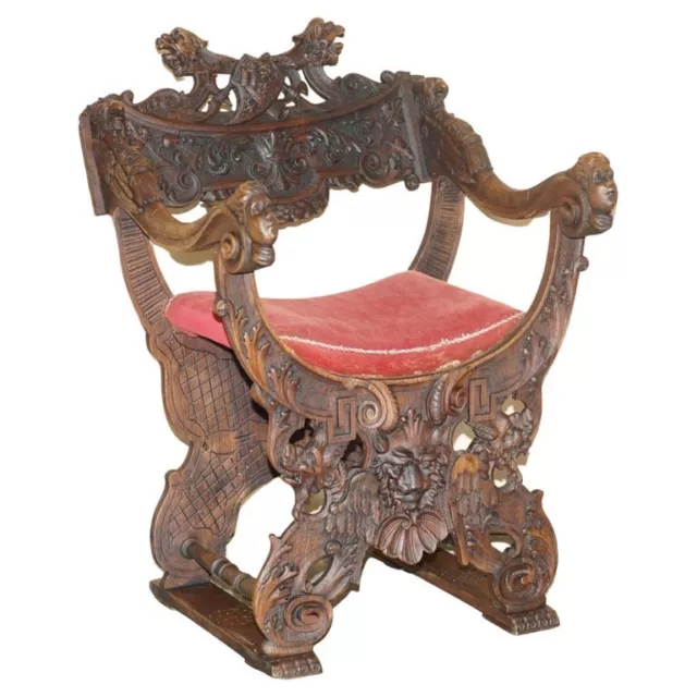 Original 19Th Century Heavily Hand Carved Italian Walnut Throne Armchair