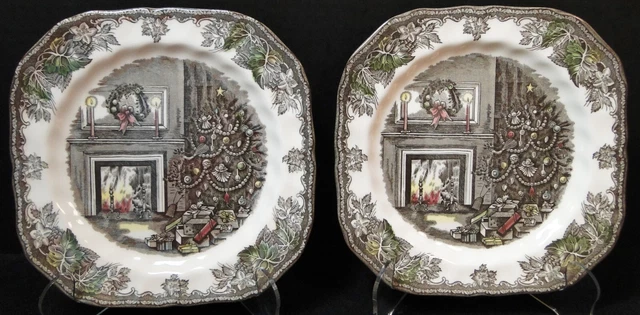 Johnson Brothers Friendly Village Christmas Tree Salad Plates 7 1/2" Set 2 Exc